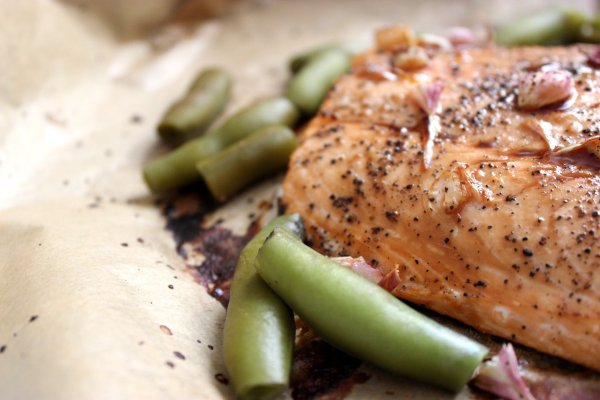 roasted salmon with broad beans
